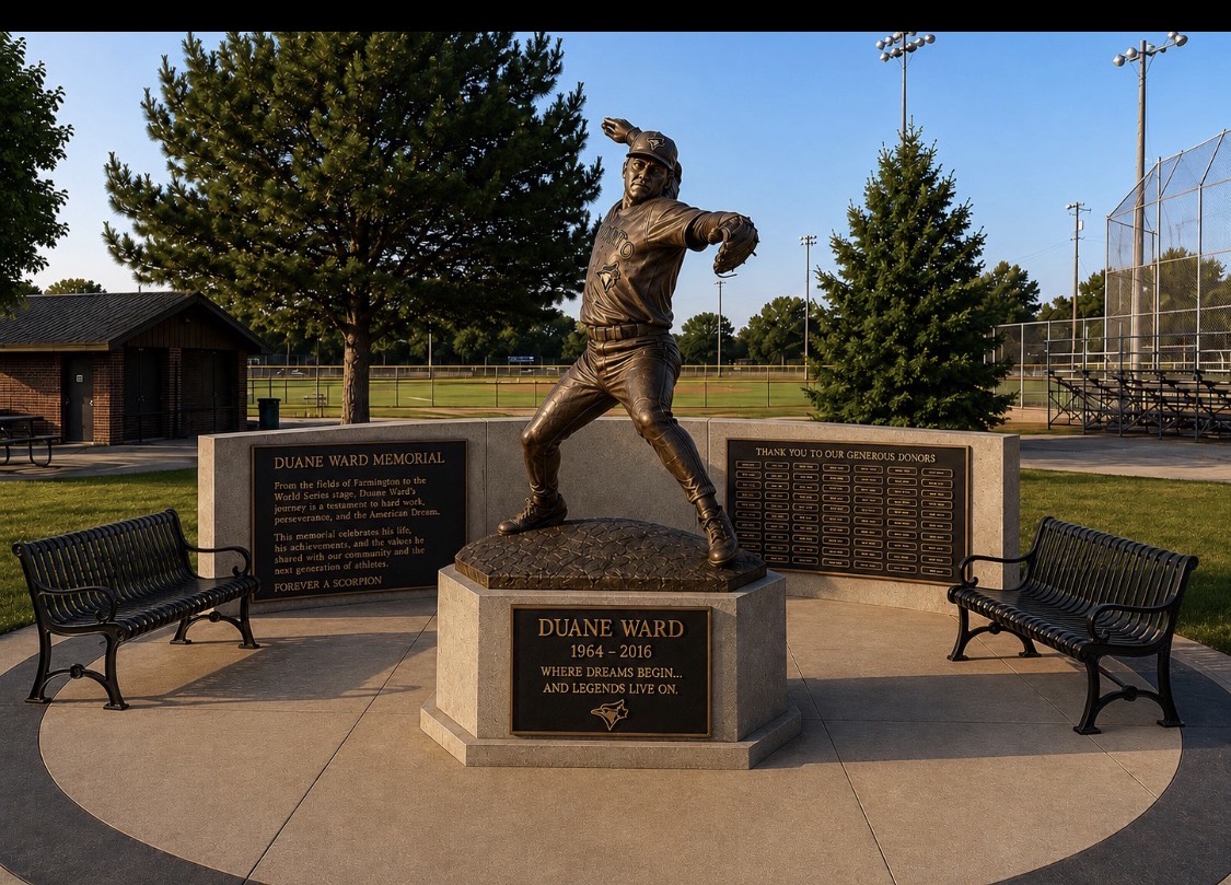 Concept rendering of the Duane Ward Memorial plaza with a bronze pitching statue, story panel, donor wall, and benches
