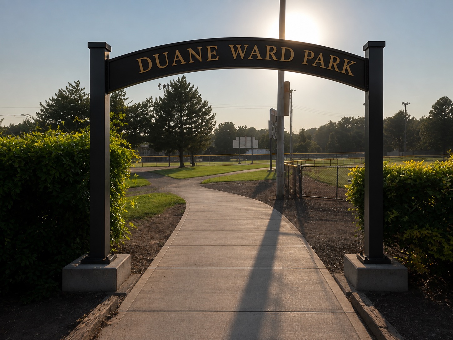 Concept rendering of the black and gold Duane Ward Park entrance arch over a park walkway